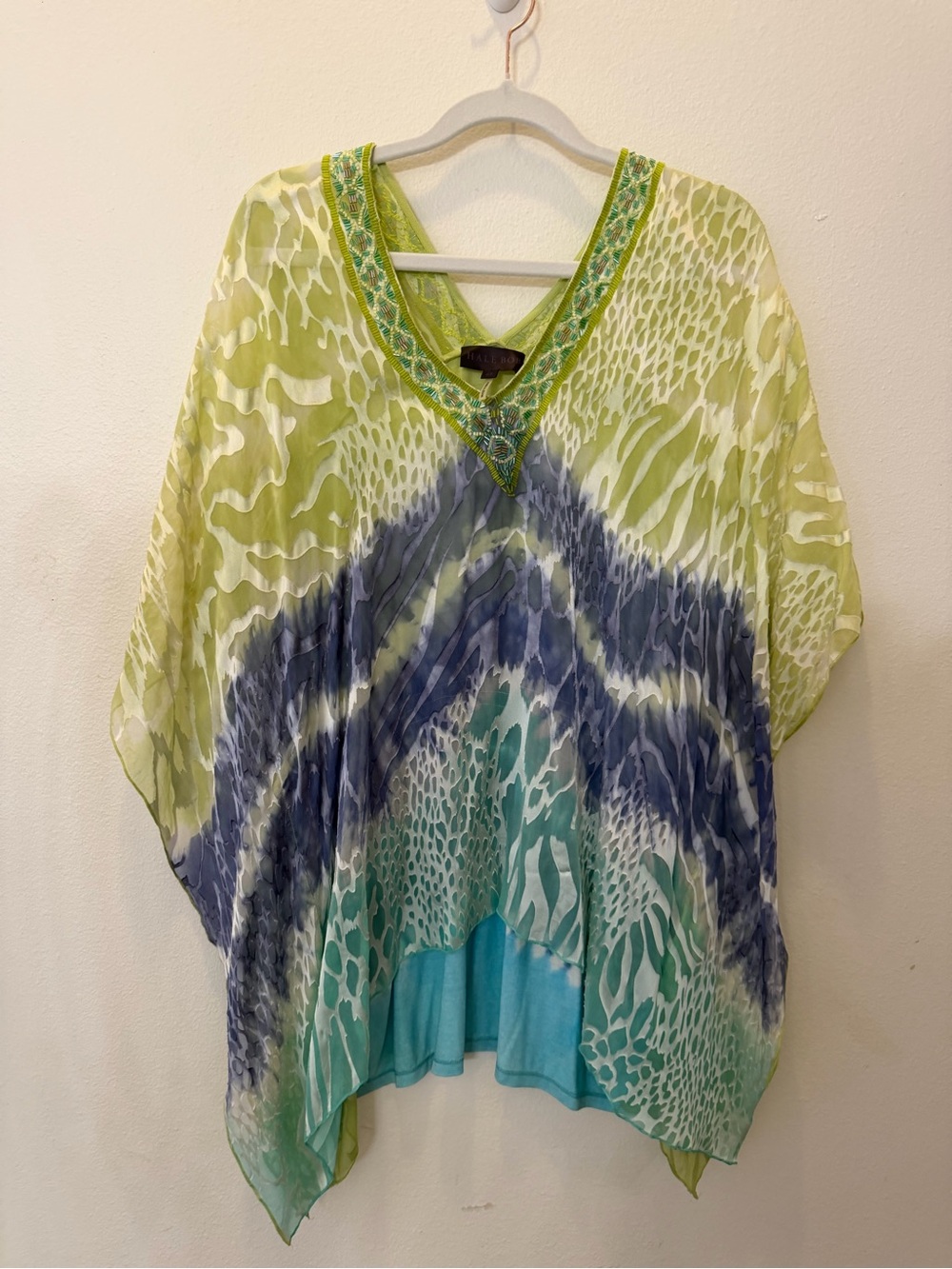 Hale Bob Beaded V-Neck Sheer Tunic in Lime, Teal & Navy
